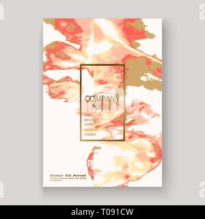 Coral gold marble luxurious texture paint artistic, wedding invitation design. Decorative pink golden splash fluid on white background, vector Illustr Stock Vector