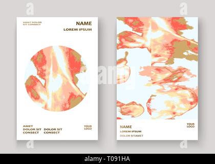 Coral gold marble luxurious texture paint artistic, wedding invitation design. Decorative pink golden splash fluid on white background, vector Illustr Stock Vector