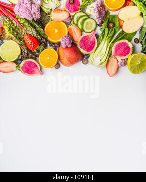 Various summer fruits and vegetables on white background , top view. Food border. Healthy lifestyle Stock Photo