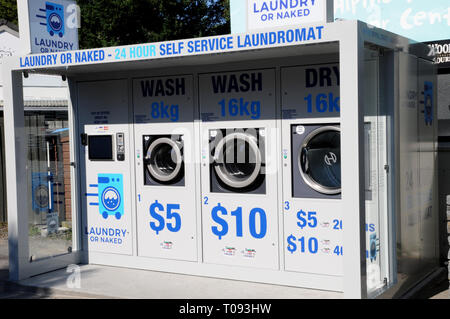 An outdoor laundromat in the New Zealand resort town of Hanmer Springs. It provides a useful service to the back packers and camper van travellers. Stock Photo