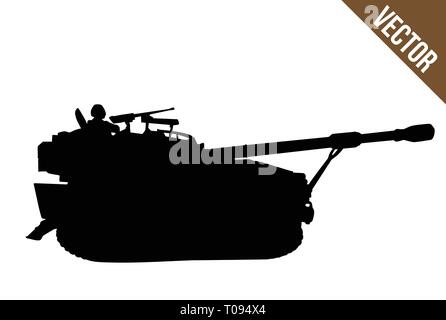 Military tank silhouette on white background, vector illustration Stock Vector