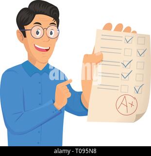 Portrait of teenager student showing perfect test results with A plus. Stock Vector