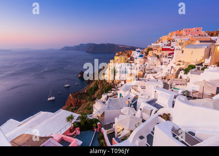 Santorini, Greece. The picturesque Oia village at sunrise. Stock Photo