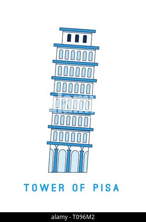 Line art Leaning Tower of Pisa, Italy, European famous sight, vector illustration in flat style. Stock Vector