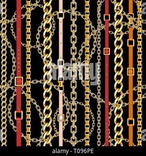 Abctract seamless pattern with belts and chain on bright background for fabric. Trendy repeating print. Stock Vector