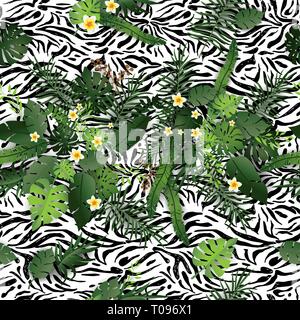 Seamless Pattern Exotic Floral Background. Tropical Flowers and Leaves on Animal Skin Backdrop. Greenery and zebra print Seamless Design Stock Vector