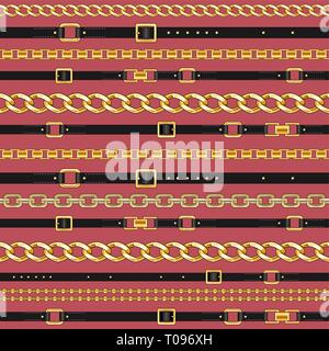 Abctract seamless pattern with belts and chain on bright background for fabric. Trendy repeating print. Stock Vector