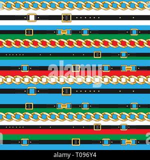 Abctract seamless pattern with belts and chain on bright background for fabric. Trendy repeating print. Stock Vector