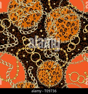 Abctract seamless pattern with golden chain with animal skin background for fabric. Trendy repeating leopard print. Stock Vector