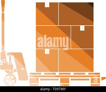 Hand hydraulic pallet truc with boxes icon. Flat color design. Vector illustration. Stock Vector