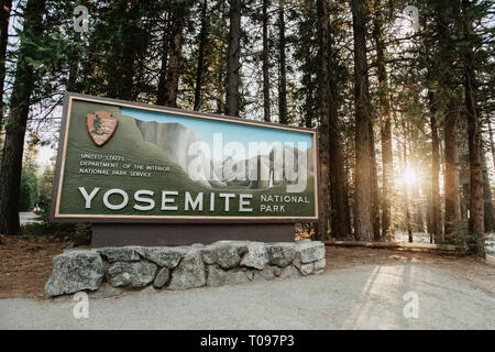 Yosemite National Park entrance sign. Yosemite National Parl. California. Stock Photo