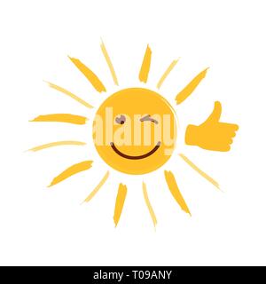 smiling yellow sun with thumb up and happy face vector illustration EPS10 Stock Vector