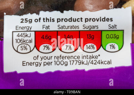 Nutritional information, reference intake on bag of Snacking Essentials Scrumptious Mix, mix of raisins, peanuts, cranberries, almonds and cashew nuts Stock Photo