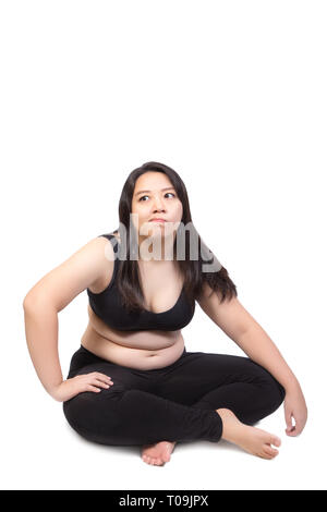 fat woman obese belly sitting on ground  bored face tired exhausted to exercise weight loss concept isolated on white background Stock Photo
