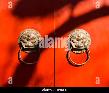 Classical Chinese door knockers with brass lions on traditional red doors Stock Photo