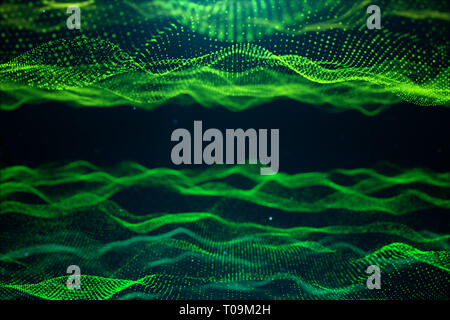 Abstract data technology. Digital landscape with particles, dots. Cyberspace technology. Wavy surface consisting of points - transferring big data, 3D Stock Photo