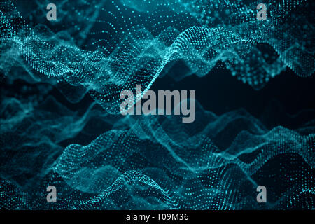 Abstract data technology. Digital landscape with particles, dots. Cyberspace technology. Wavy surface consisting of points - transferring big data, 3D Stock Photo