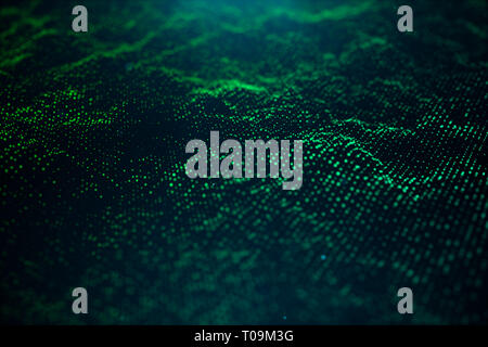 Abstract data technology. Digital landscape with particles, dots. Cyberspace technology. Wavy surface consisting of points - transferring big data, 3D Stock Photo