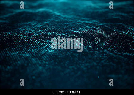 Abstract data technology. Digital landscape with particles, dots. Cyberspace technology. Wavy surface consisting of points - transferring big data, 3D Stock Photo