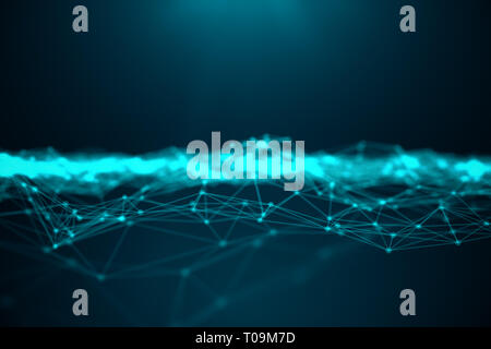 Abstract transfer big technology. Digital landscape with Global connecting, low poly network connection dots and lines on blue background. Cyberspace  Stock Photo