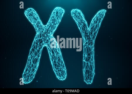 3D Illustration Polygonal Low poly Digital Artificial XY-Chromosomes Consisting Of Consisting Dots And Lines On Blue Background. Genetics Concept, Art Stock Photo