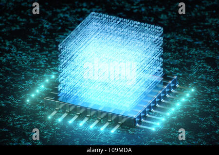 AI - artificial intelligence concept. Hologram above CPU. Machine learning. Central Computer Processors on the circuit board with luminous tracks. Enc Stock Photo