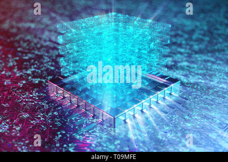 AI - artificial intelligence concept. Hologram above CPU. Machine learning. Central Computer Processors on the circuit board with luminous tracks. Enc Stock Photo