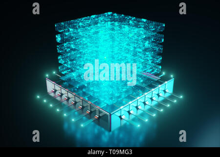 AI - artificial intelligence CPU concept. Hologram above CPU. Machine learning. CPU on the board with glow tracks. Background scientific concept in bl Stock Photo