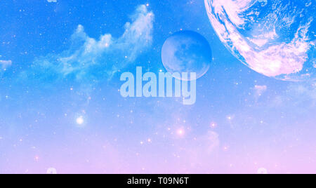 Sunrise sky with stars, nebulas and planets. Starfield galaxy background. Space concept. Elements of this image furnished by NASA. Stock Photo