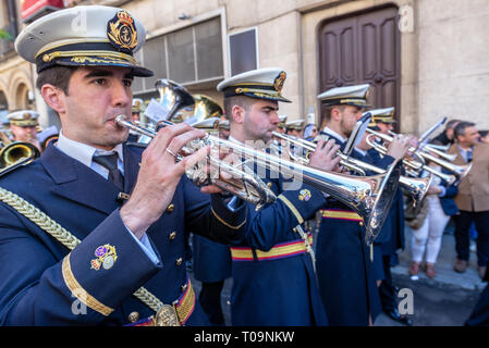 SEVILLE, SPAIN - MARCH 26:  Marching band plays music during a Holy Week procession in Seville, Spain on March 26, 2018 Stock Photo