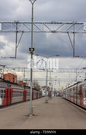 The train at the station. Russian railway. The train is waiting for passengers. April 29, 2018, Russia, St. Petersburg, Baltic Station Stock Photo