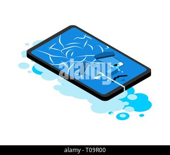 Sick phone Broken smartphone cracked screen isolated. Vector illustration   Stock Vector