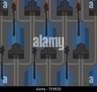 Plant pattern seamless. factory background. works texture. industrial ornament. Smoke from pipes. Environmental pollution Stock Vector