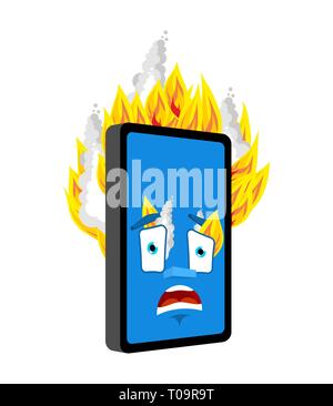 Phone Fire isolated. burning Smartphone Cartoon Style. Gadget panicked Vector Stock Vector