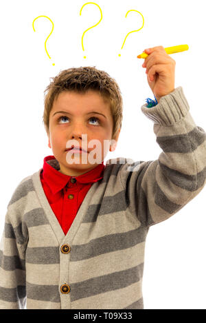 what's on this kids mind. the background is pure white, so the question marks can easily be replaced or removed. Stock Photo