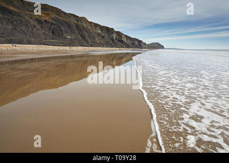 A beach at low tide, with wet sand and reflections; at Charmouth, in the Jurassic Coast World Heritage Site, Dorset, Great Britain. Stock Photo