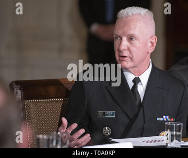 March 18, 2019 - Washington, District of Columbia, U.S. - Admiral Brett P. Giroir, M.D., Assistant Secretary for Health, US Department of Health and Human Services (HHS), makes remarks as First lady Melania Trump hosts a meeting of the Interagency Working Group on Youth Programs in the State Dining Room of the White House in Washington, DC on Monday, March 18, 2019. The group was originally established under former United States President George W. Bush and is part of an effort to align the First Lady's ''Be Best'' initiative with the working group. Credit: Ron Sachs/CNP (Credit Image: © R Stock Photo