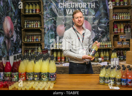 London, UK. 19th Mar, 2019. The International Food and Drink Event is the celebration of more than 1350 innovative, global and cutting edge food and drink manufacturers, all under one roof to take you through a journey of the senses, as it allows you to see, taste, smell, touch and hearing yourself to go wow, as the quality of the products reach your tongue Credit: Paul Quezada-Neiman/Ģ����ý Live News Stock Photo