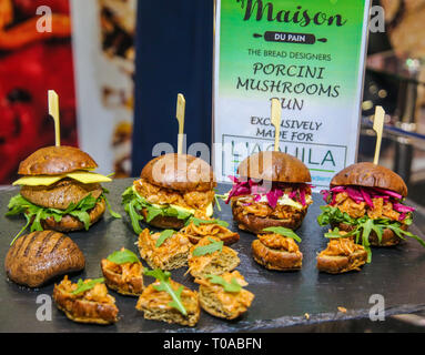 London, UK. 19th Mar, 2019. The International Food and Drink Event is the celebration of more than 1350 innovative, global and cutting edge food and drink manufacturers, all under one roof to take you through a journey of the senses, as it allows you to see, taste, smell, touch and hearing yourself to go wow, as the quality of the products reach your tongue Credit: Paul Quezada-Neiman/Ģ����ý Live News Stock Photo