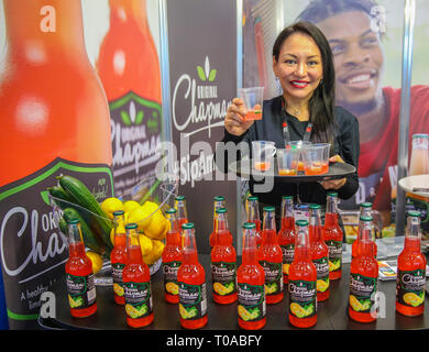 London, UK. 19th Mar, 2019. The International Food and Drink Event is the celebration of more than 1350 innovative, global and cutting edge food and drink manufacturers, all under one roof to take you through a journey of the senses, as it allows you to see, taste, smell, touch and hearing yourself to go wow, as the quality of the products reach your tongue Credit: Paul Quezada-Neiman/Ģ����ý Live News Stock Photo
