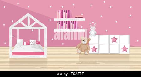 Pink girl bedroom Vector flat style. Toys and books on pink background Stock Vector