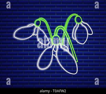 Snowdrop neon sign Vector. Spring design element. Night bright neon sign. colorful board. Glowing banner. Floral template illustration Stock Vector
