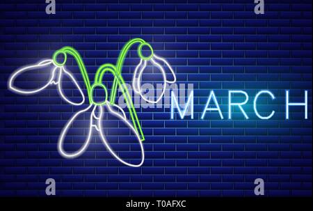 Snowdrop neon sign Vector. Spring design element. Night bright neon sign. colorful board. Glowing banner. Floral template calendar illustration Stock Vector