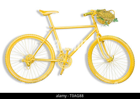 Old colored yellow mountain bike on white background for easy selection Stock Photo