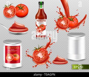 Tomatoes Vector realistic set with splash, ketchup bottle, canned metallic tin. Label design template. 3d detailed illustration Stock Vector
