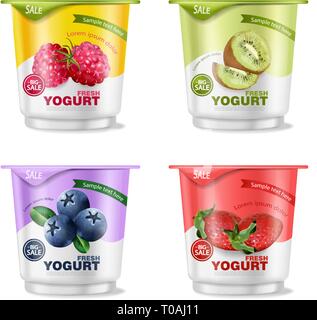 Fruits yogurt set Vector realistic. Berry, raspberry and kiwi collection Stock Vector