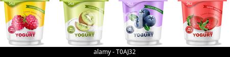 Fruits yogurt set Vector realistic. Berry, raspberry and kiwi collection Stock Vector