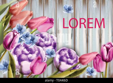 Spring bouquet on wooden background Vector. Tulips and roses watercolor. Spring summer card Stock Vector