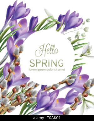 Crocus flowers Vector watercolor. Spring season delicate frame. Template design card for wedding, birthday, mother day Stock Vector