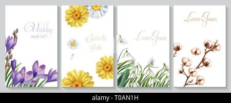 Vector Vertical wedding invitation card set with crocus, daisy, cotton flowers and snowdrops. Save the date botany design for ceremony, cosmetics broc Stock Vector